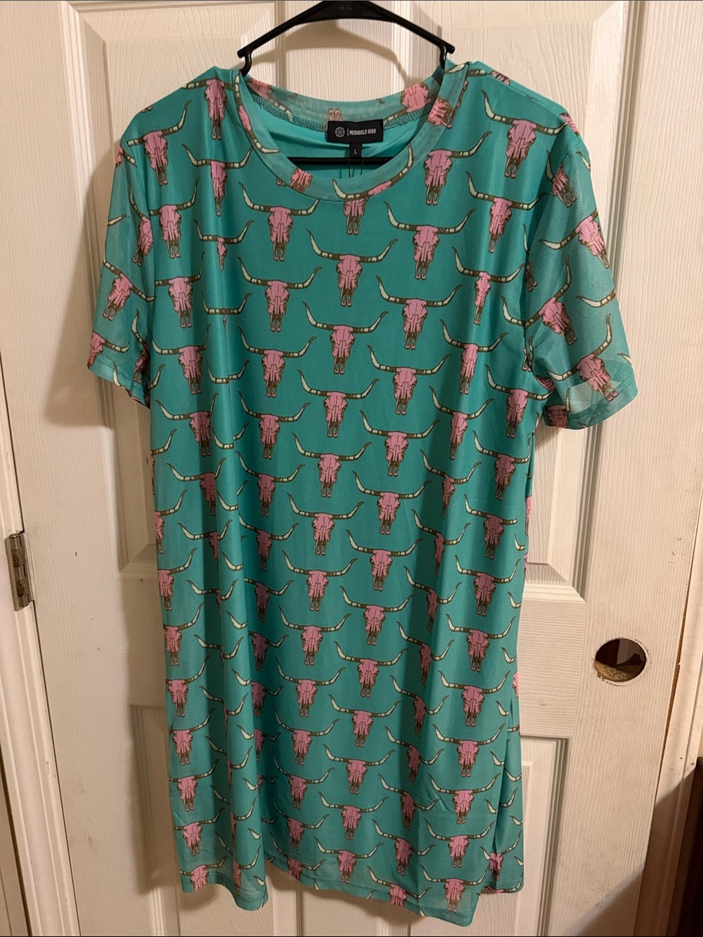 Blue-Green Midi Dress with Pink Longhorn Print